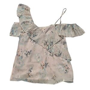 Rebecca Taylor pink floral off shoulder cold shoulder silk top with ruffles
